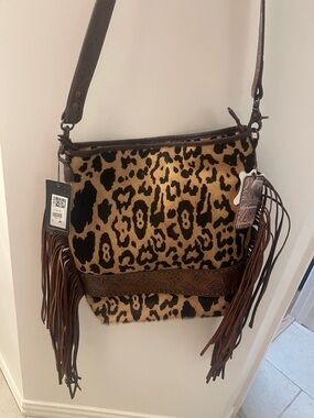 American Darling Leopard Print Fringe Shoulder Bag in Brown and Black